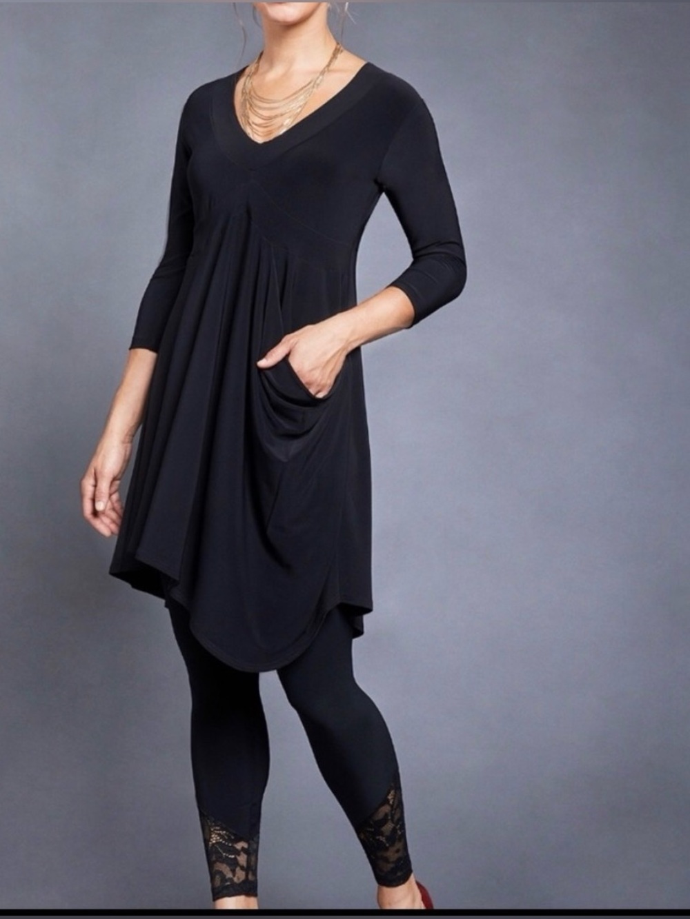 Sympli Women’s Black V-Neck Long Sleeve Asymmetrical Dress with one drapey side